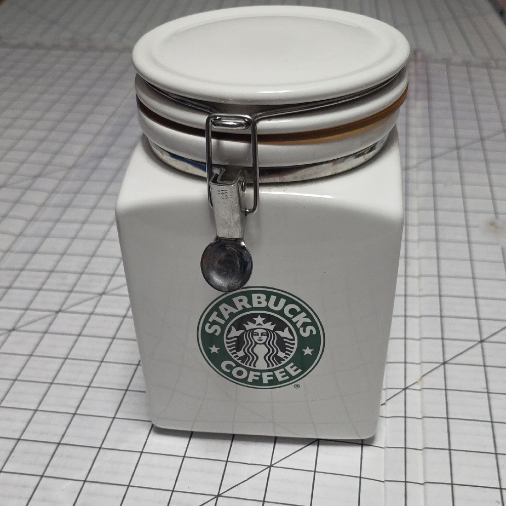 Starbucks White Ceramic Coffee Canister, Preloved 8"highx5.25"x5.25"